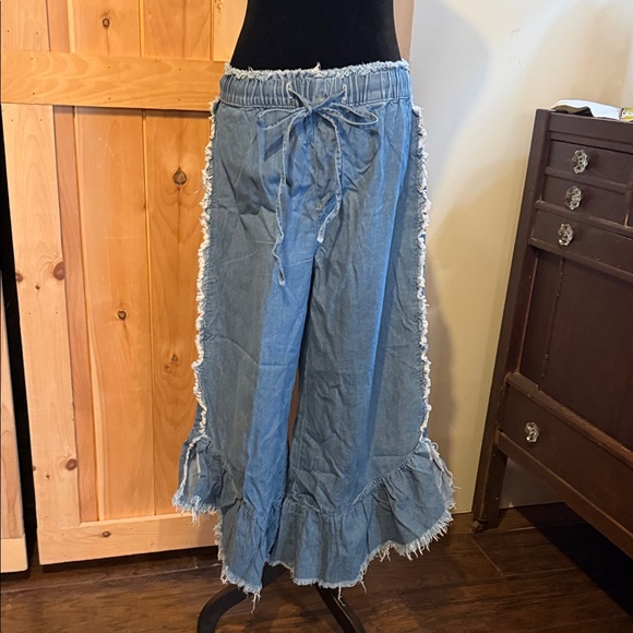 SHEIN Pants - SHEIN Blue Wide Leg Frayed Pants